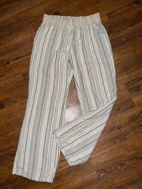 Vanity Gray, Cream Stripe Stretch Linen Summer Boho Flared Bootcut Pants Size L